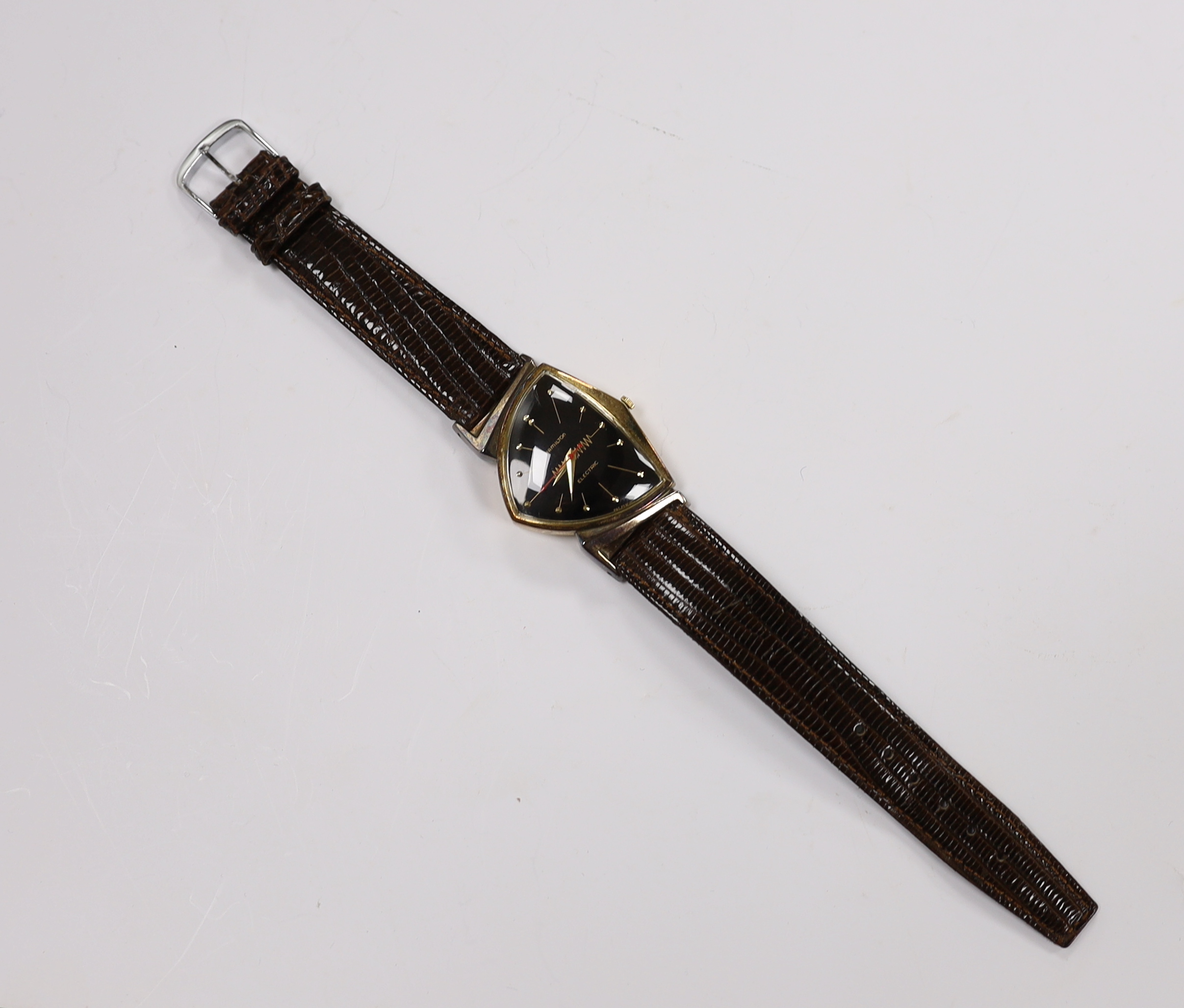 A gentleman's 10k gold filled Hamilton Electronic wrist watch, on a later lizard strap, with Hamilton box.